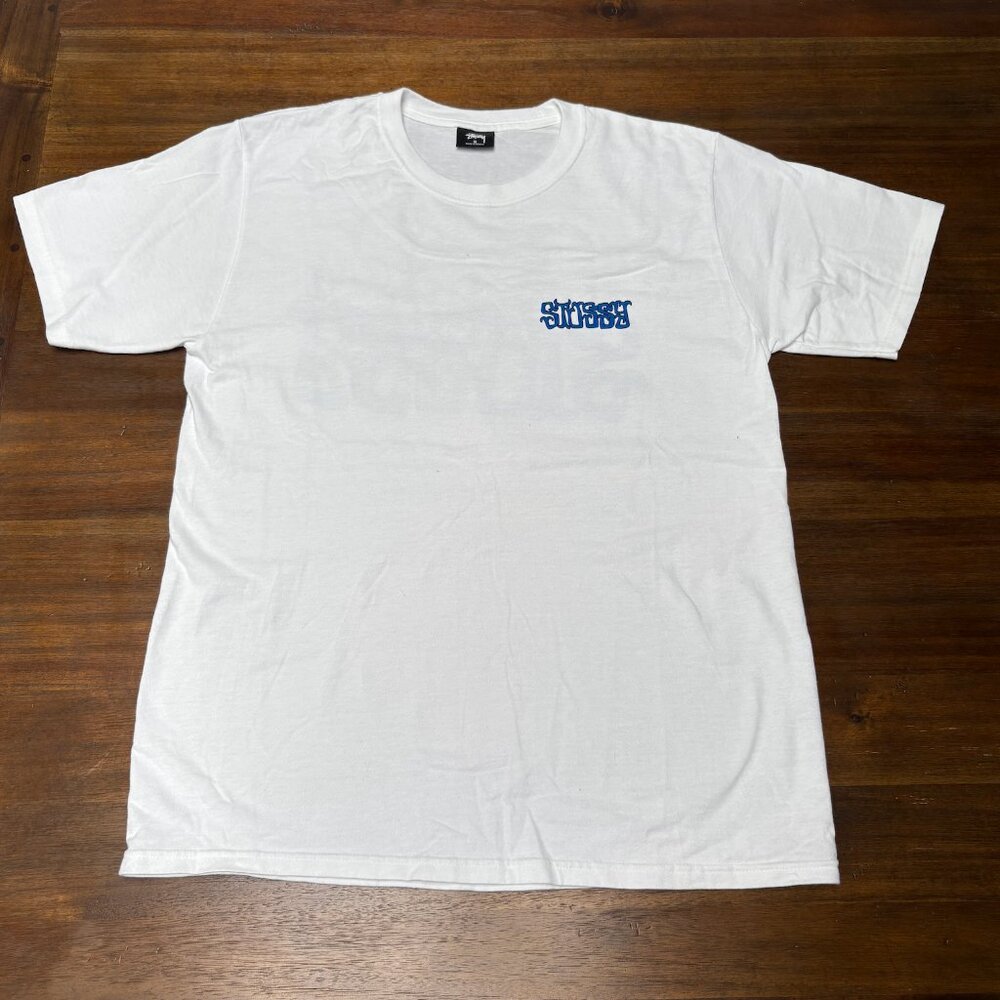 Stussy Short Sleeve Chess Tee White and Blue 100% Cotton